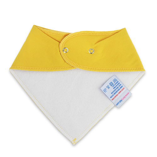 Rückseite aus weißem Fleece und senfgelbem Dotty Fish-Bandana-Lätzchen aus Baumwolle für kleine Mädchen und Jungen.