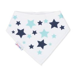 Dotty Fish Lätzchen für Babys und Kleinkinder aus weißer Baumwolle mit blauem Sternenmuster.