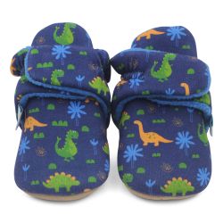 Marineblaue Babystiefel mit buntem Dinosauriermuster.