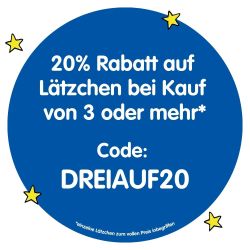 20 % Rabatt auf Lätzchen beim Kauf von 3 oder mehr. Verwenden Sie den Code DREIAUF20