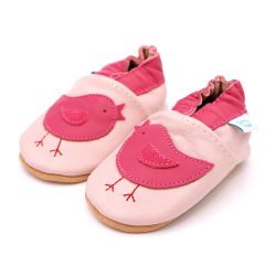  Dotty Fish blass rosa Leder weiche Sohle Kleinkind Mädchen barfuß Schuhe mit rosa Knöchel trimmen und rosa Vogel-Design.