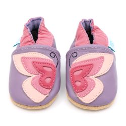 Lila Leder Dotty Fish weiche Sohle Baby und Kleinkind erste walker Schuhe für Mädchen mit rosa Knöchel trimmen und rosa Schmetterling Design.