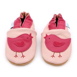  Hellrosa Leder Dotty Fish weiche Sohle Baby und Kleinkind erste Lauflernschuhe für Mädchen mit rosa Knöchel trimmen und rosa Vogel-Design.